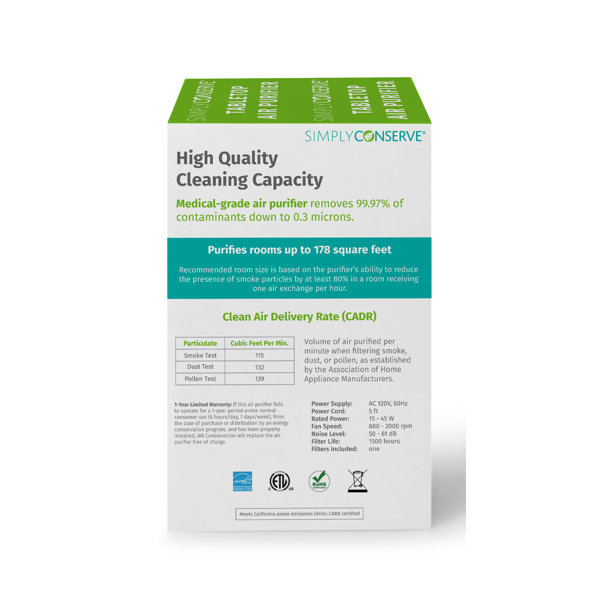 Simply Conserve Tabletop Air Purifier with True HEPA Filter for 180